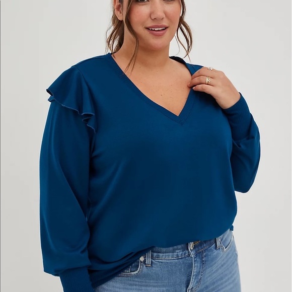 Torrid - RUFFLE TRIM SWEATSHIRT - LIGHTWEIGHT FRENCH TERRY BLUE - Picture 2 of 4